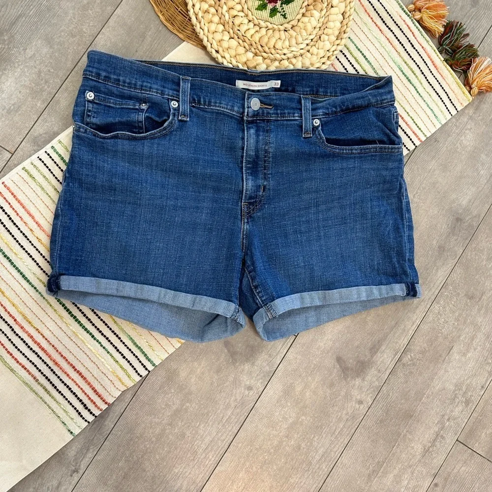 Levi’s Women’s Mid Length Shorts Rolled Cuffed Casual Blue Jean Denim Shorts